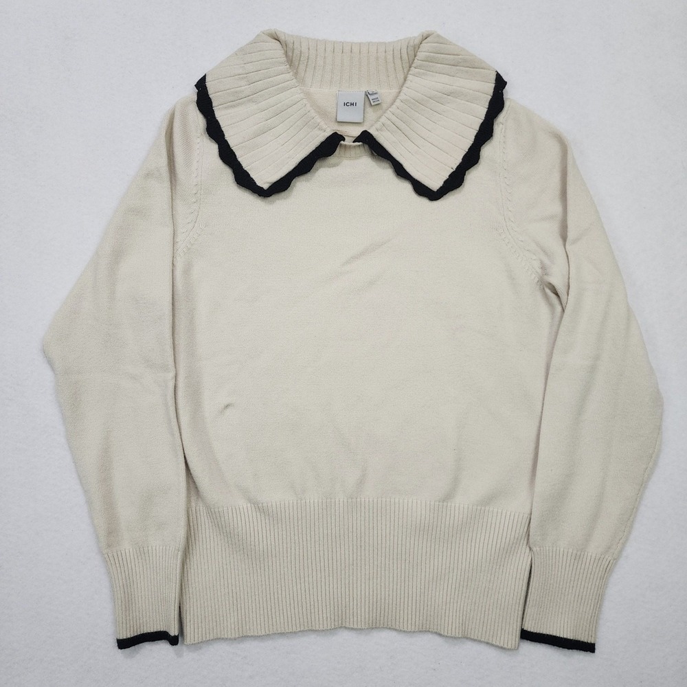 Ichi Sweater Womens M Cream Knit Scalloped Peter Pan Collar Ribbed Hem Pullover